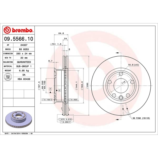 brembo OE Replacement Vented Front Brake Rotor 09.5566.10