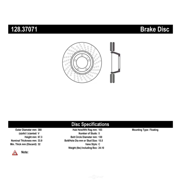 Centric SportStop Drilled 1-Piece Front Passenger Side Brake Rotor 128.37071