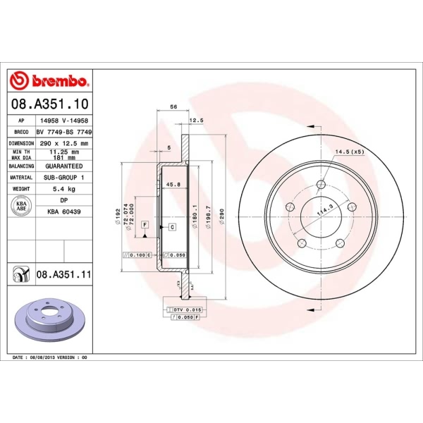 brembo UV Coated Series Rear Brake Rotor 08.A351.11