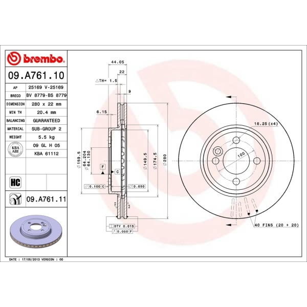 brembo UV Coated Series Vented Front Brake Rotor 09.A761.11