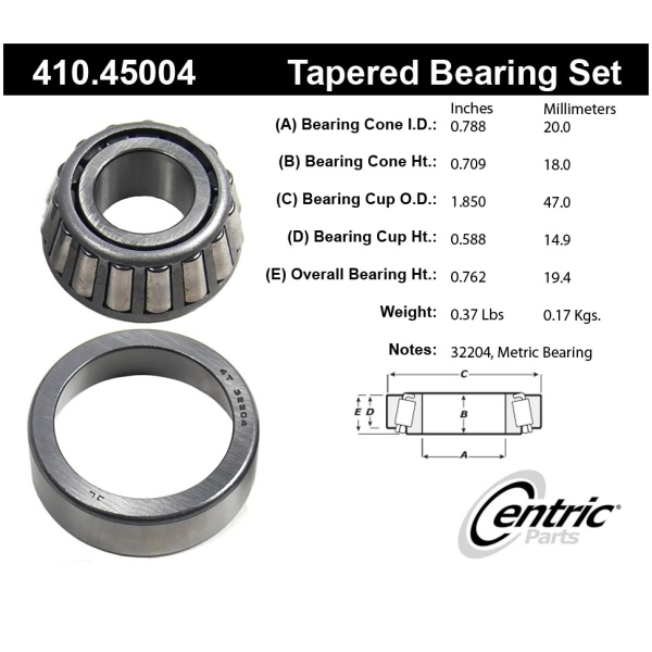 Centric Premium™ Front Passenger Side Outer Wheel Bearing and Race Set 410.45004