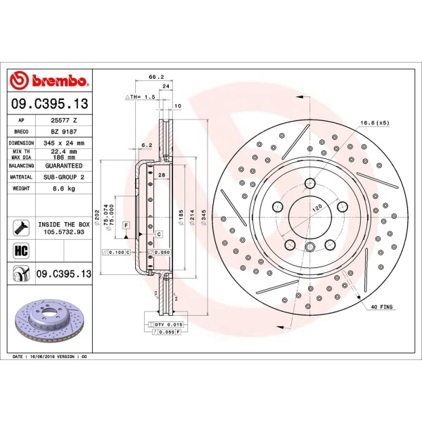 brembo OE Replacement Drilled and Slotted Vented Rear Brake Rotor 09.C395.13