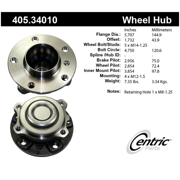 Centric Premium™ Front Driver Side Non-Driven Wheel Bearing and Hub Assembly 405.34010