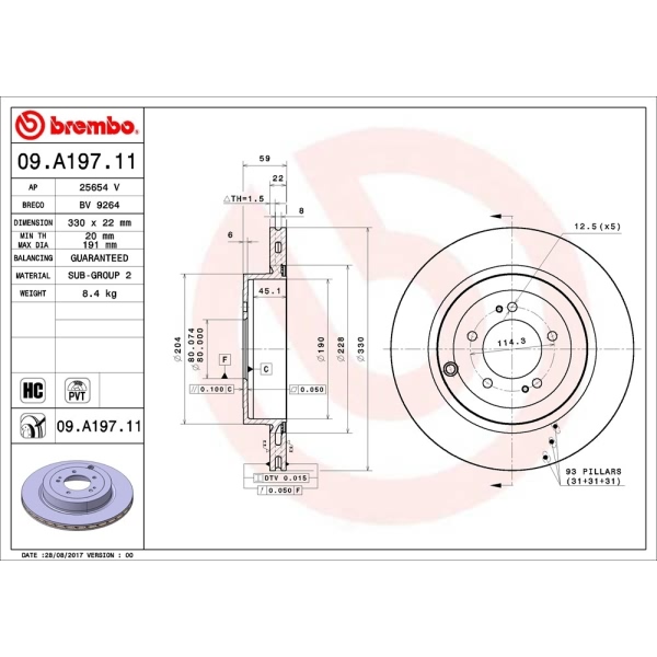 brembo UV Coated Series Vented Rear Brake Rotor 09.A197.11