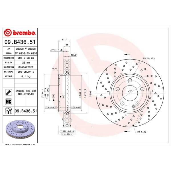 brembo UV Coated Series Drilled Vented Front Brake Rotor 09.B436.51