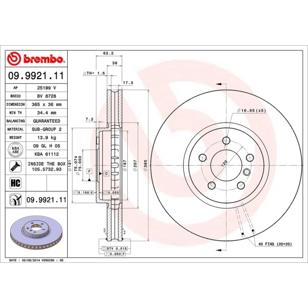 brembo UV Coated Series Vented Front Brake Rotor 09.9921.11