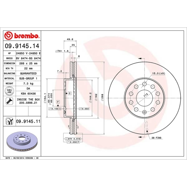 brembo UV Coated Series Vented Front Brake Rotor 09.9145.11