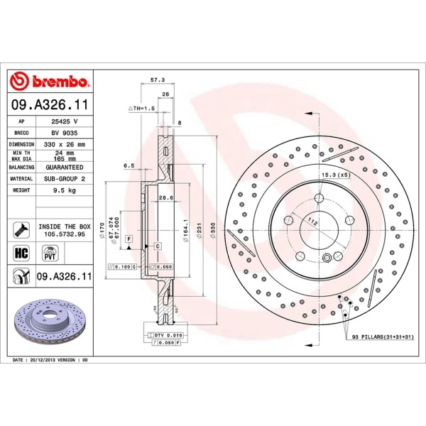 brembo UV Coated Series Drilled and Slotted Vented Rear Brake Rotor 09.A326.11