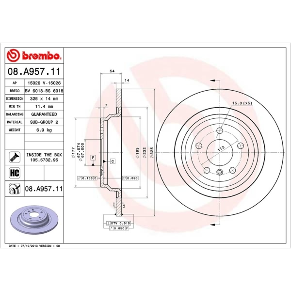 brembo UV Coated Series Solid Rear Brake Rotor 08.A957.11