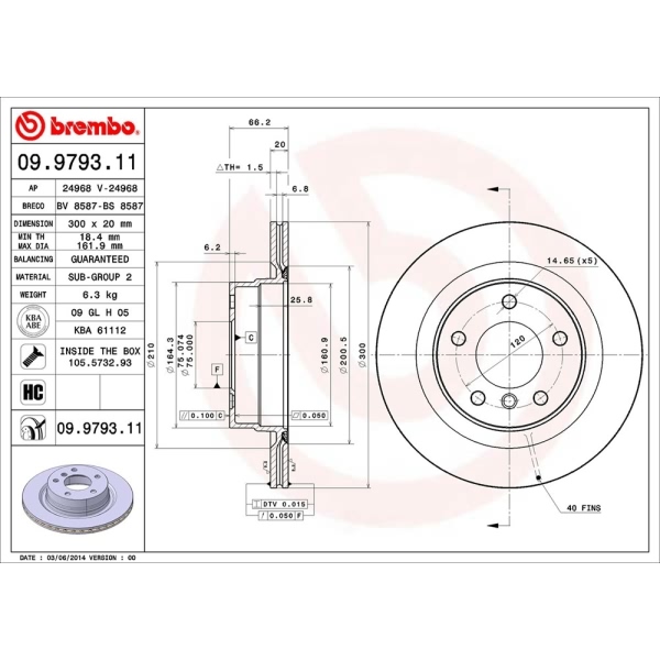 brembo UV Coated Series Vented Rear Brake Rotor 09.9793.11