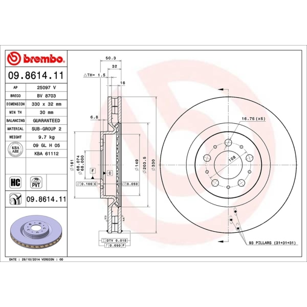 brembo UV Coated Series Vented Front Brake Rotor 09.8614.11