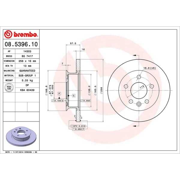 brembo OE Replacement Solid Front Brake Rotor 08.5396.10