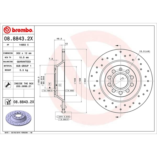 brembo Premium Xtra Cross Drilled UV Coated 1-Piece Rear Brake Rotors 08.8843.2X