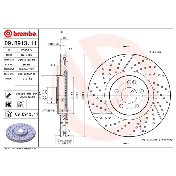 brembo UV Coated Series Drilled and Slotted Vented Front Brake Rotor 09.B913.11