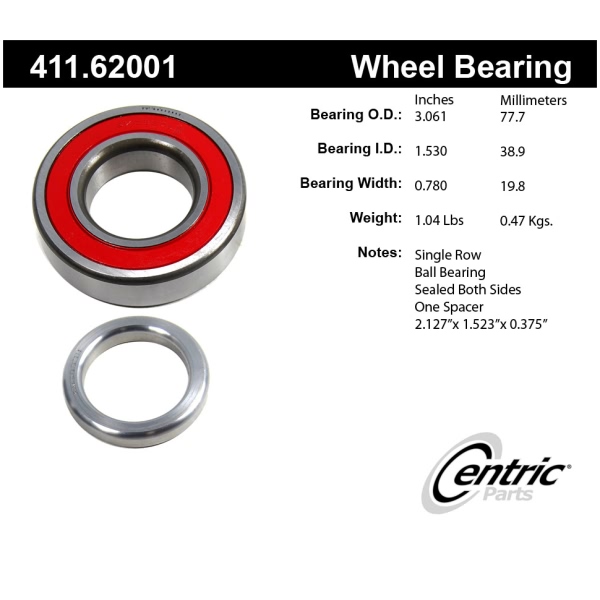 Centric Premium™ Rear Driver Side Single Row Wheel Bearing 411.62001