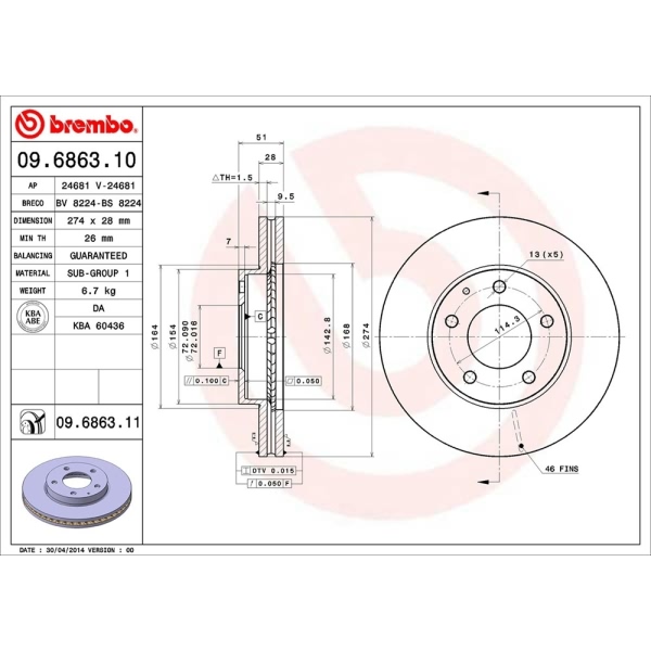 brembo UV Coated Series Vented Front Brake Rotor 09.6863.11