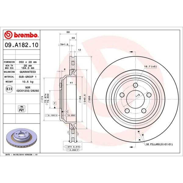 brembo UV Coated Series Vented Rear Brake Rotor 09.A182.11