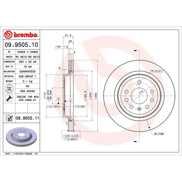 brembo UV Coated Series Vented Rear Brake Rotor 09.9505.11