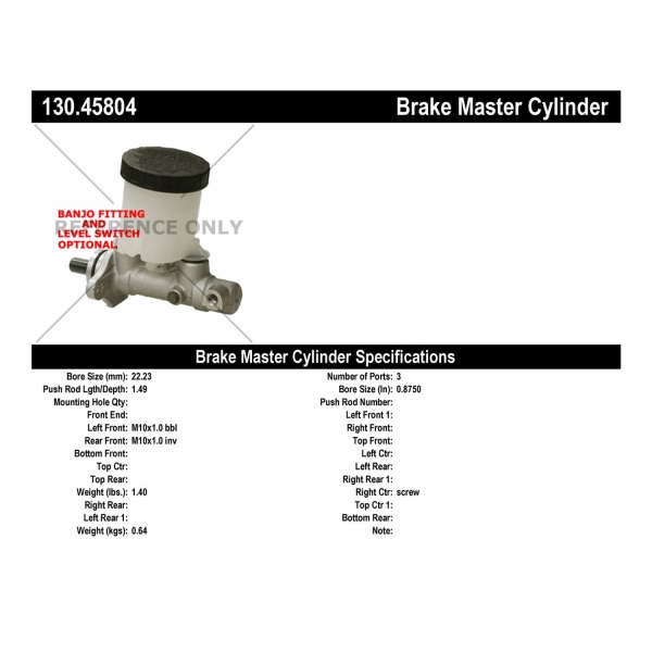 Centric Premium Brake Master Cylinder 130.45804