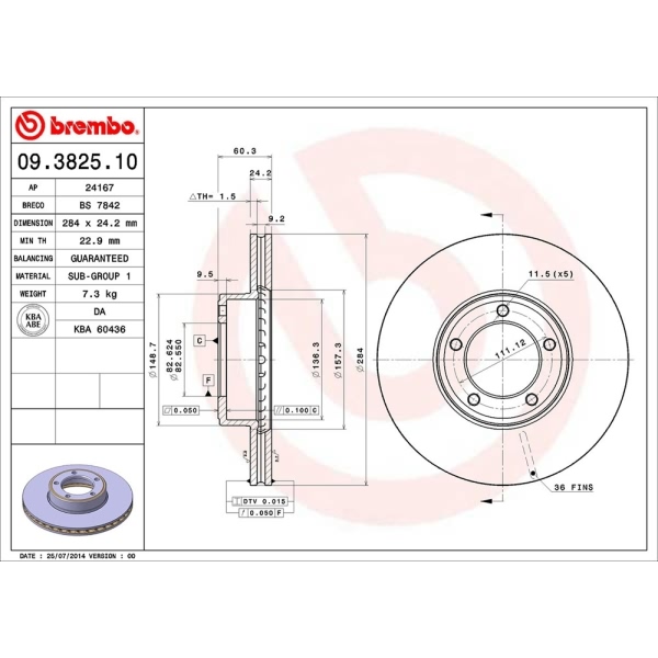 brembo OE Replacement Vented Front Brake Rotor 09.3825.10