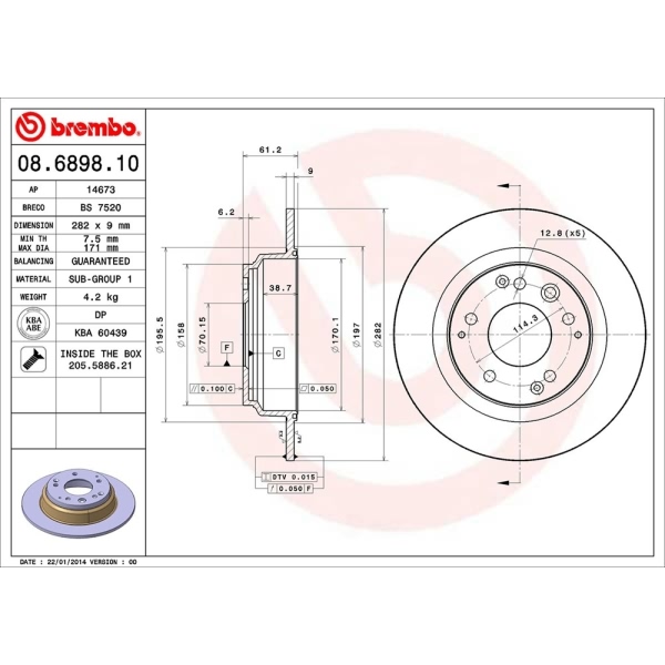 brembo OE Replacement Solid Rear Brake Rotor 08.6898.10