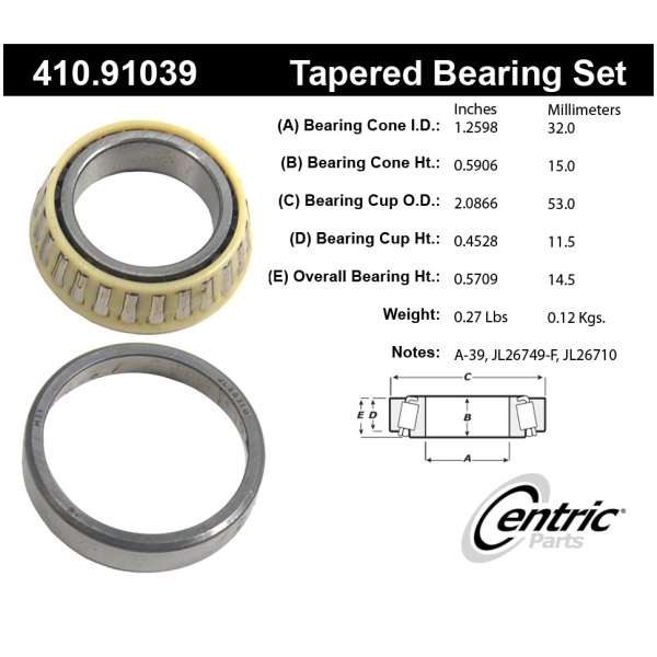 Centric Premium™ Rear Driver Side Inner Wheel Bearing and Race Set 410.91039