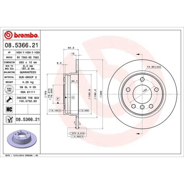 brembo UV Coated Series Solid Rear Brake Rotor 08.5366.21