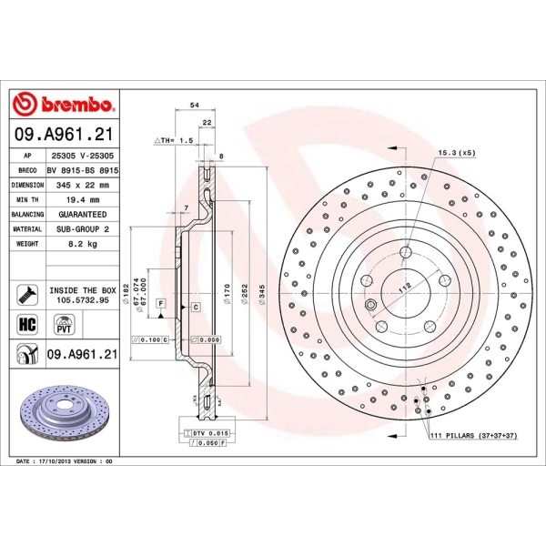 brembo UV Coated Series Drilled Vented Rear Brake Rotor 09.A961.21