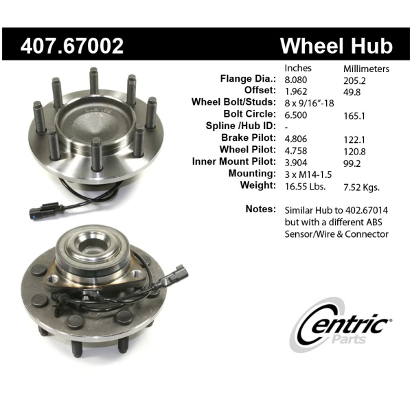 Centric Premium™ Front Passenger Side Non-Driven Wheel Bearing and Hub Assembly 407.67002