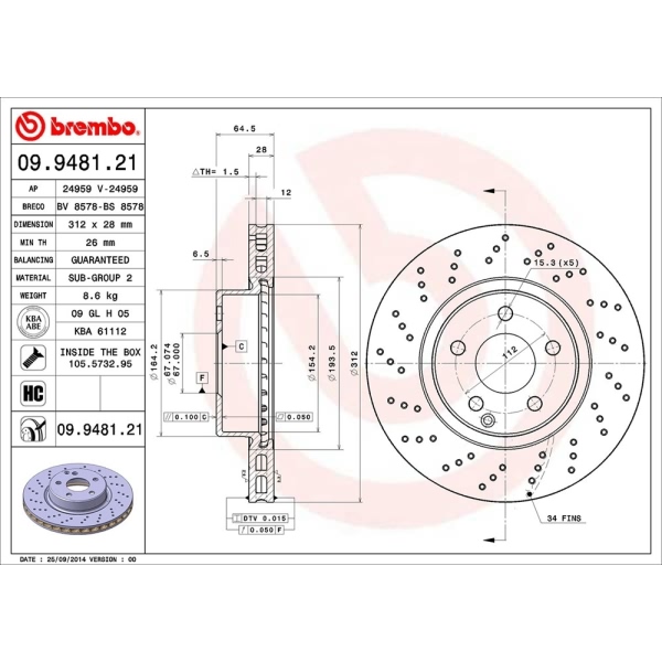 brembo UV Coated Series Drilled Vented Front Brake Rotor 09.9481.21