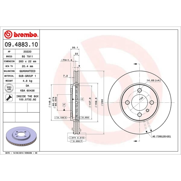 brembo OE Replacement Vented Front Brake Rotor 09.4883.10