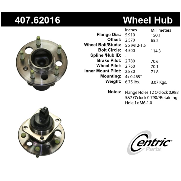 Centric Premium™ Rear Passenger Side Non-Driven Wheel Bearing and Hub Assembly 407.62016