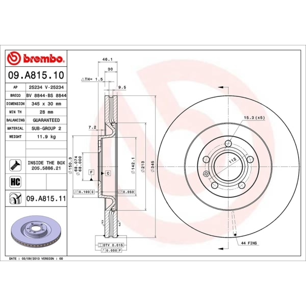 brembo UV Coated Series Vented Front Brake Rotor 09.A815.11