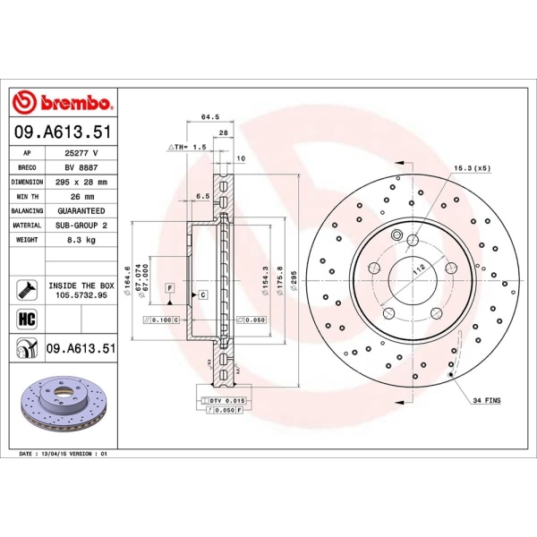 brembo UV Coated Series Drilled Vented Front Brake Rotor 09.A613.51