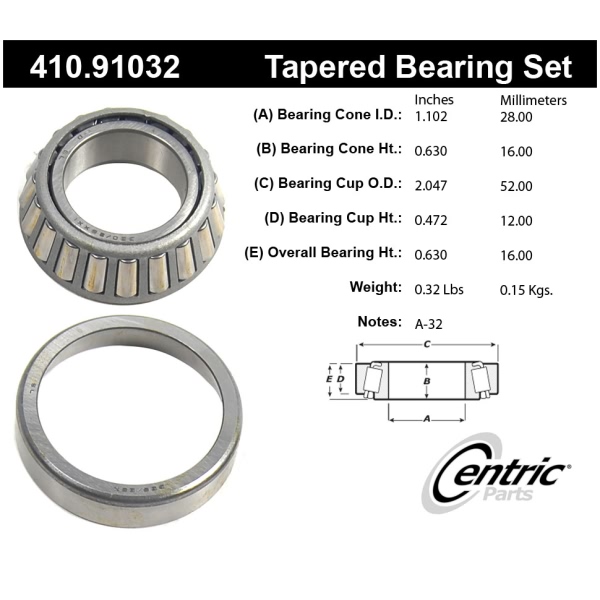 Centric Premium™ Front Driver Side Inner Wheel Bearing and Race Set 410.91032