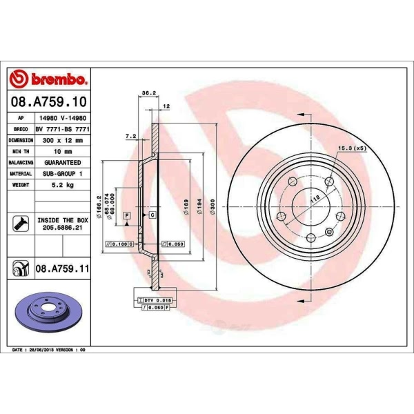 brembo UV Coated Series Solid Rear Brake Rotor 08.A759.11