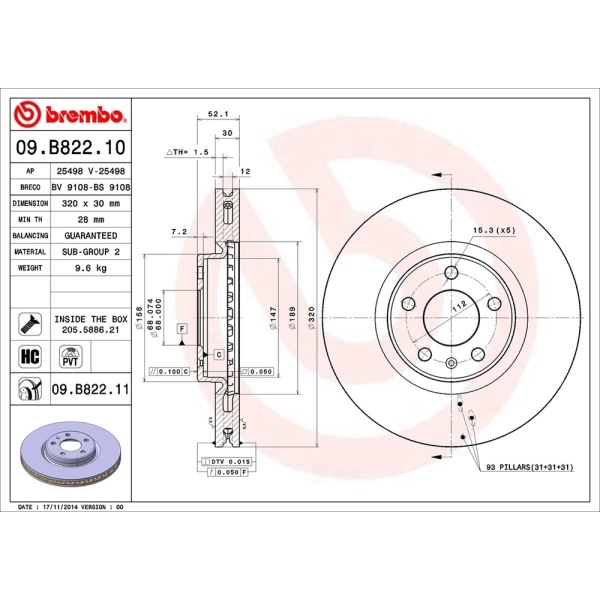 brembo UV Coated Series Vented Front Brake Rotor 09.B822.11