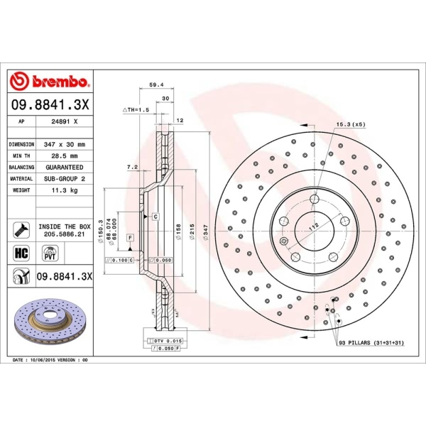 brembo Premium Xtra Cross Drilled UV Coated 1-Piece Front Brake Rotors 09.8841.3X