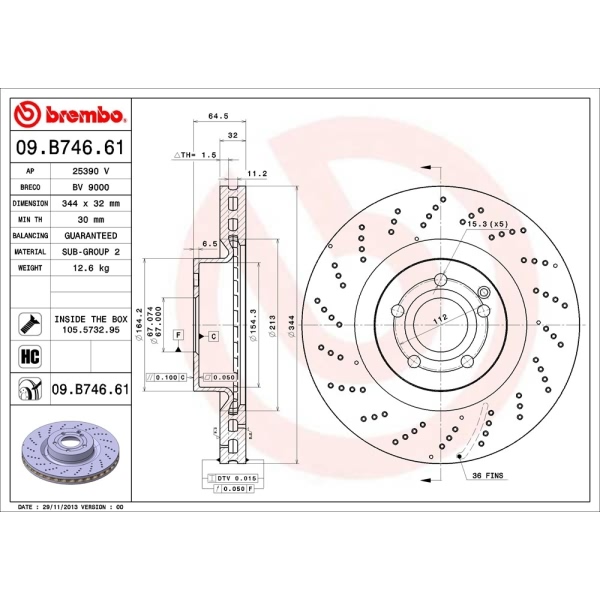 brembo UV Coated Series Drilled Vented Front Brake Rotor 09.B746.61