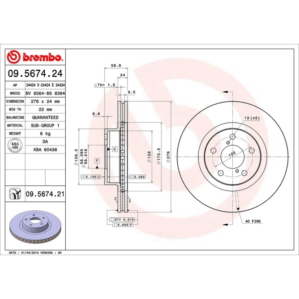 brembo UV Coated Series Vented Front Brake Rotor 09.5674.21