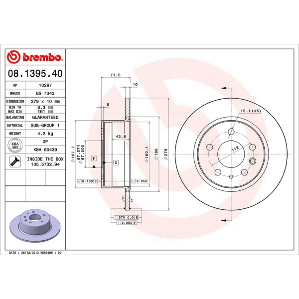 brembo OE Replacement Solid Rear Brake Rotor 08.1395.40