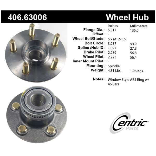 Centric Premium™ Rear Passenger Side Non-Driven Wheel Bearing and Hub Assembly 406.63006