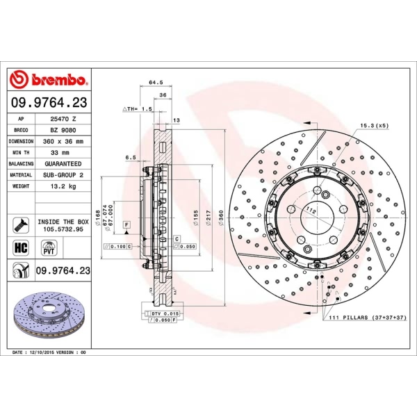 brembo OE Replacement Drilled and Slotted Vented Front Brake Rotor 09.9764.23