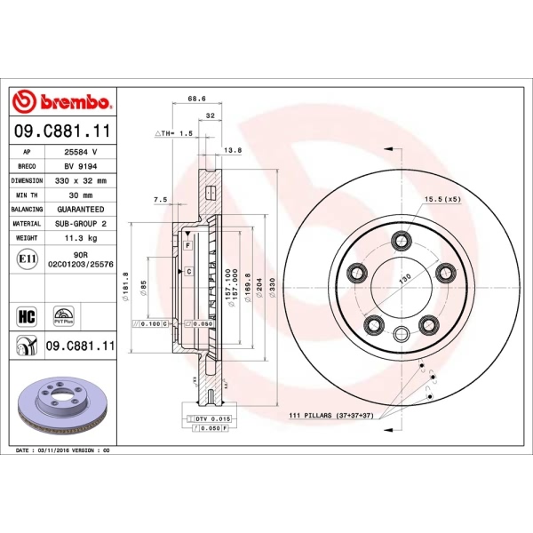 brembo UV Coated Series Vented Front Driver Side Brake Rotor 09.C881.11