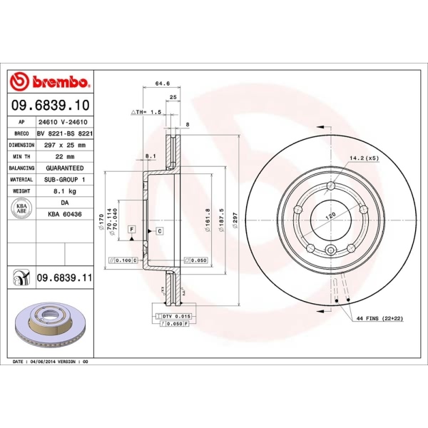 brembo UV Coated Series Vented Front Brake Rotor 09.6839.11