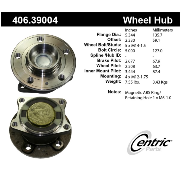 Centric Premium™ Rear Passenger Side Non-Driven Wheel Bearing and Hub Assembly 406.39004