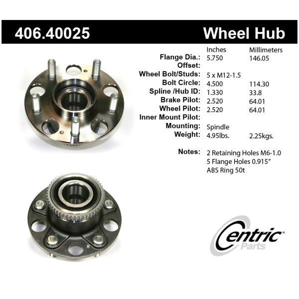 Centric Premium™ Rear Passenger Side Non-Driven Wheel Bearing and Hub Assembly 406.40025