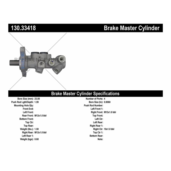 Centric Premium Brake Master Cylinder 130.33418