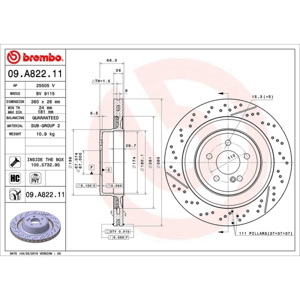 brembo UV Coated Series Drilled and Slotted Vented Rear Brake Rotor 09.A822.11