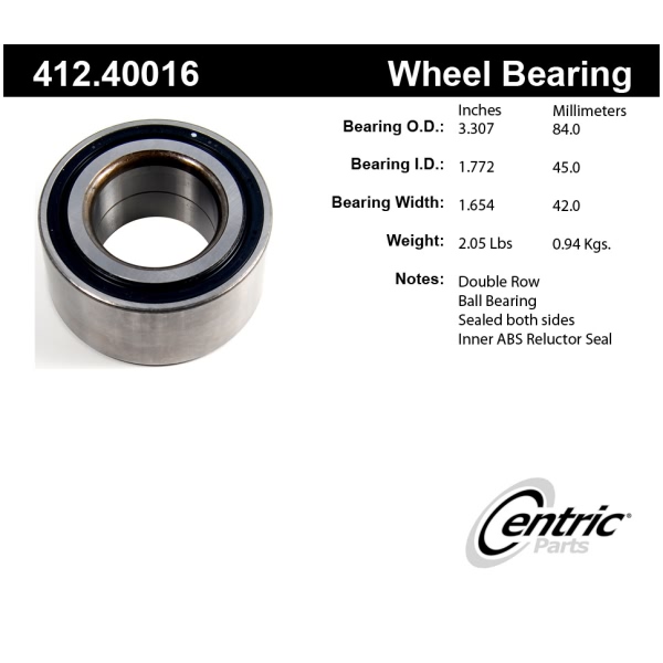 Centric Premium™ Front Passenger Side Double Row Wheel Bearing 412.40016